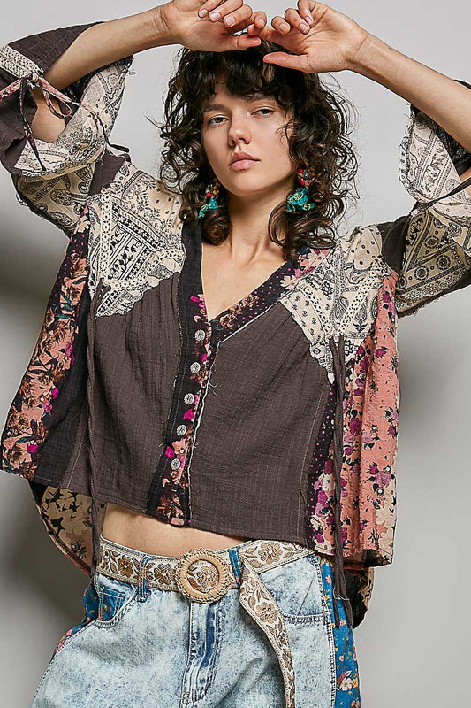 CHARCOAL GAUZE, FLORAL BUTTON DOWN VINTAGE WASH TOP