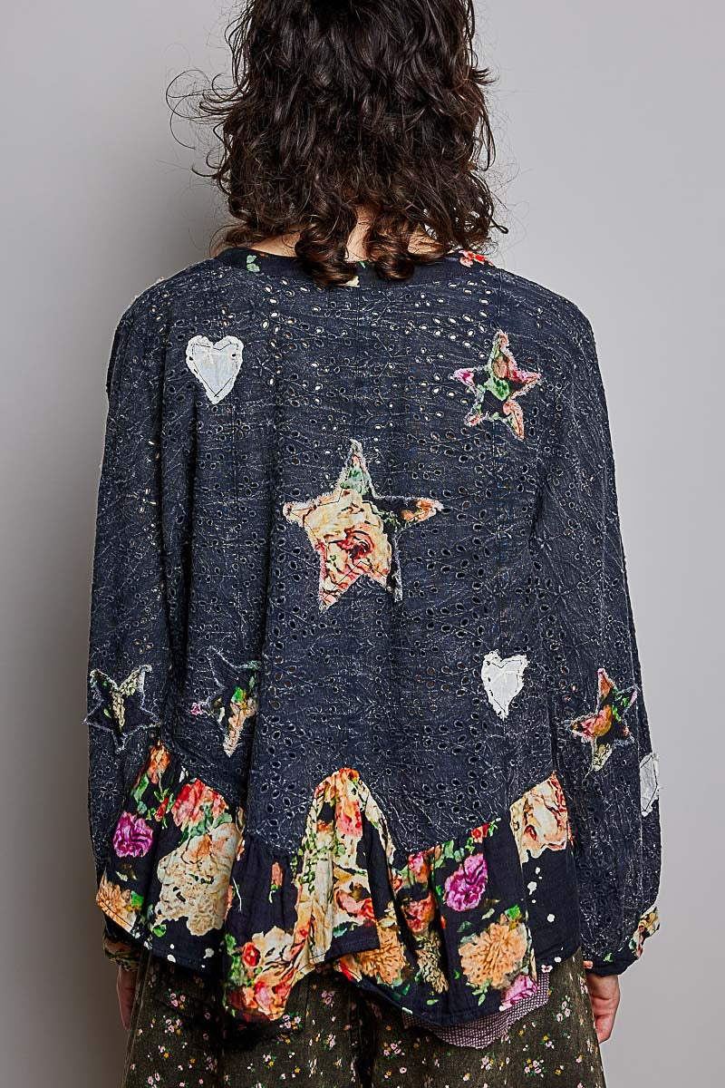 RUFFLE EYELET HEART CARDIGAN