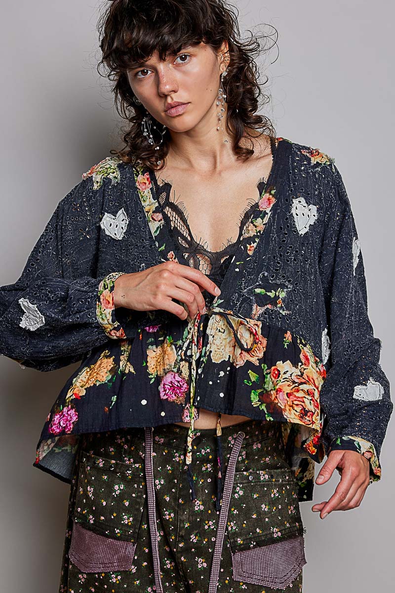 RUFFLE EYELET HEART CARDIGAN