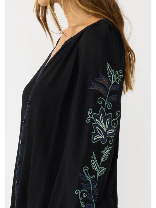 Embroidered Sleeve Button Down Blouse IN BLACK