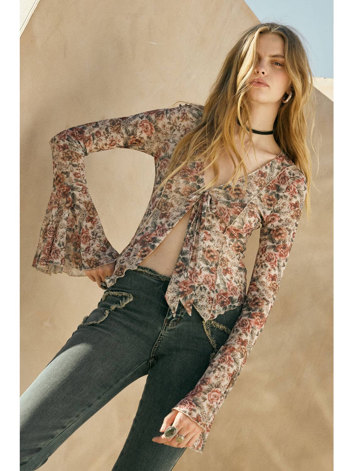 Floral-Print Mesh Tie-Neck Bell-Sleeve Top