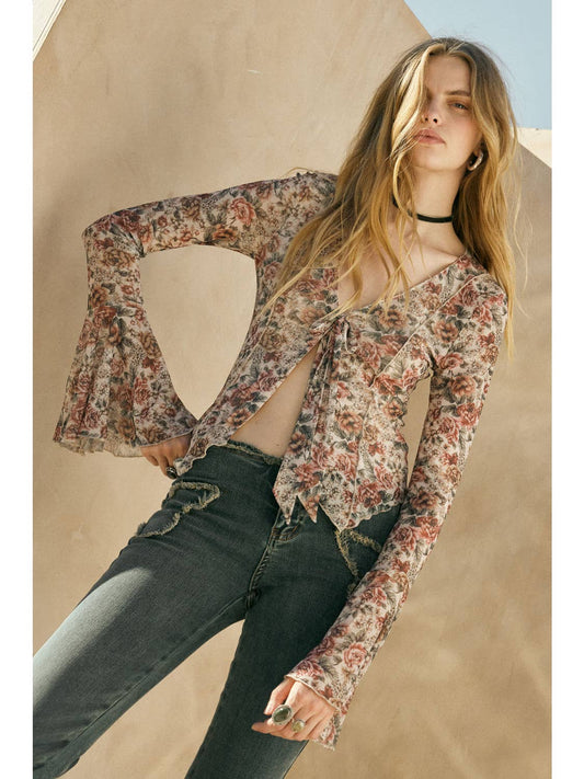 Floral-Print Mesh Tie-Neck Bell-Sleeve Top