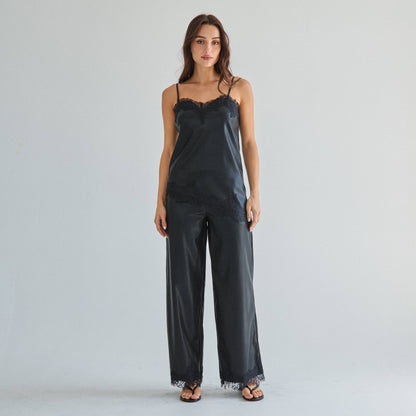 Black Lace trim vegan leather cami top & pants set