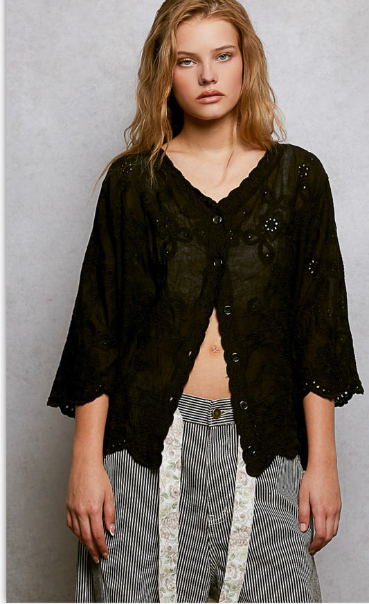 BLACK CROCHET BUTTON DOWN O/S