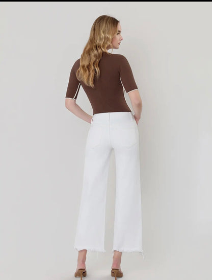 VERVET OPTIC WHITE HIGH RISE UNEVEN HEM  CROP WIDE JEAN