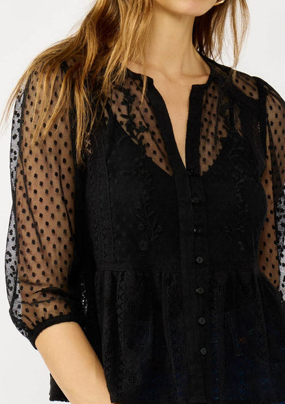 V-Neck Embroidered Lace Button Down Blouse