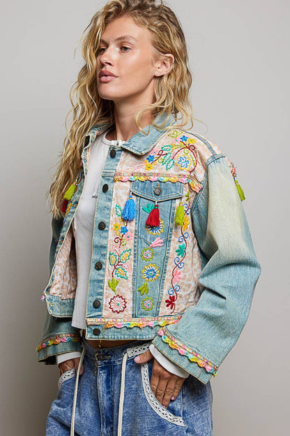 Floral Embroidery Lace Trim Tassel Denim Jacket