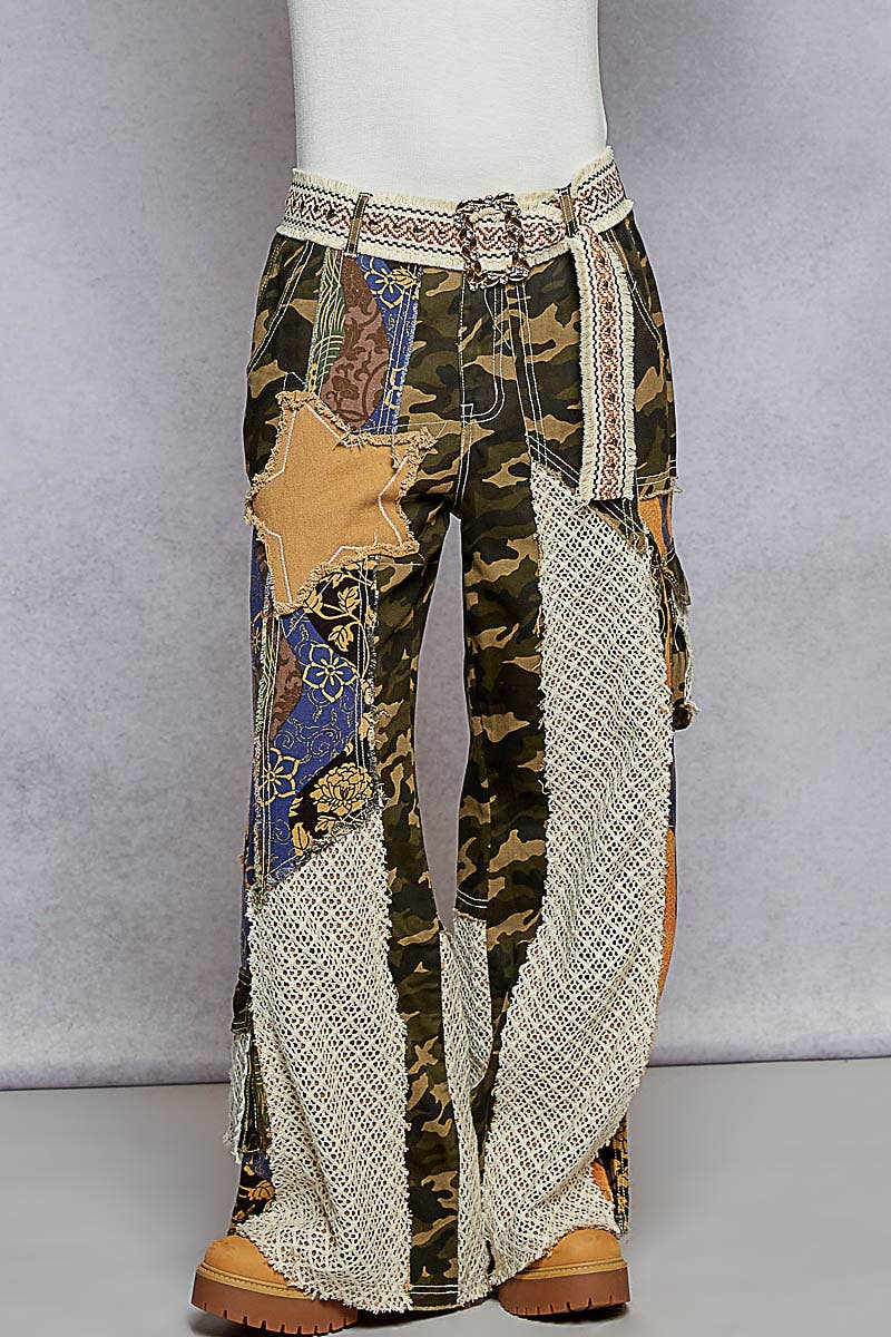 CAMO Printed Patchwork Detail Woven Twill Pants
