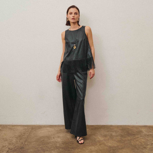 Fringe vegan leather top & pants set