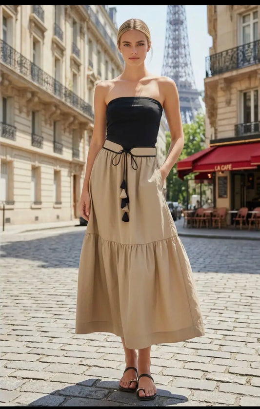 LILA BELLE TUBE MAXI DRESS IN BLACK AND LIGHT OLIVE