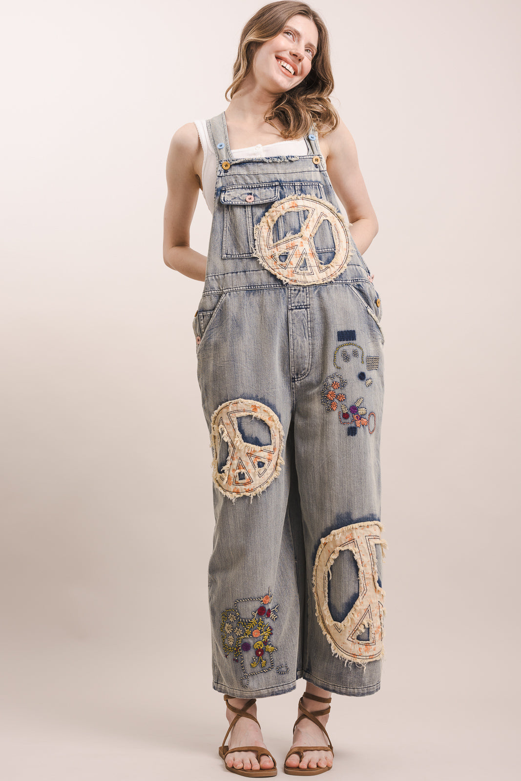 Peace patchwork embroidered denim overalls
