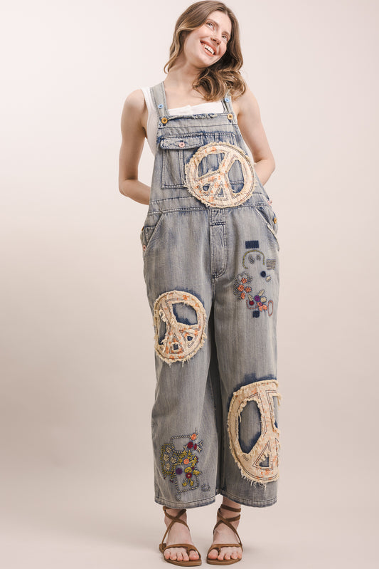 Peace patchwork embroidered denim overalls