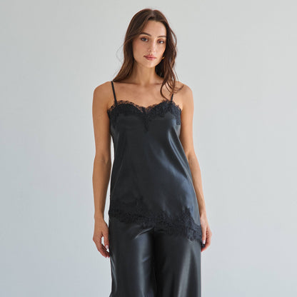 Black Lace trim vegan leather cami top & pants set