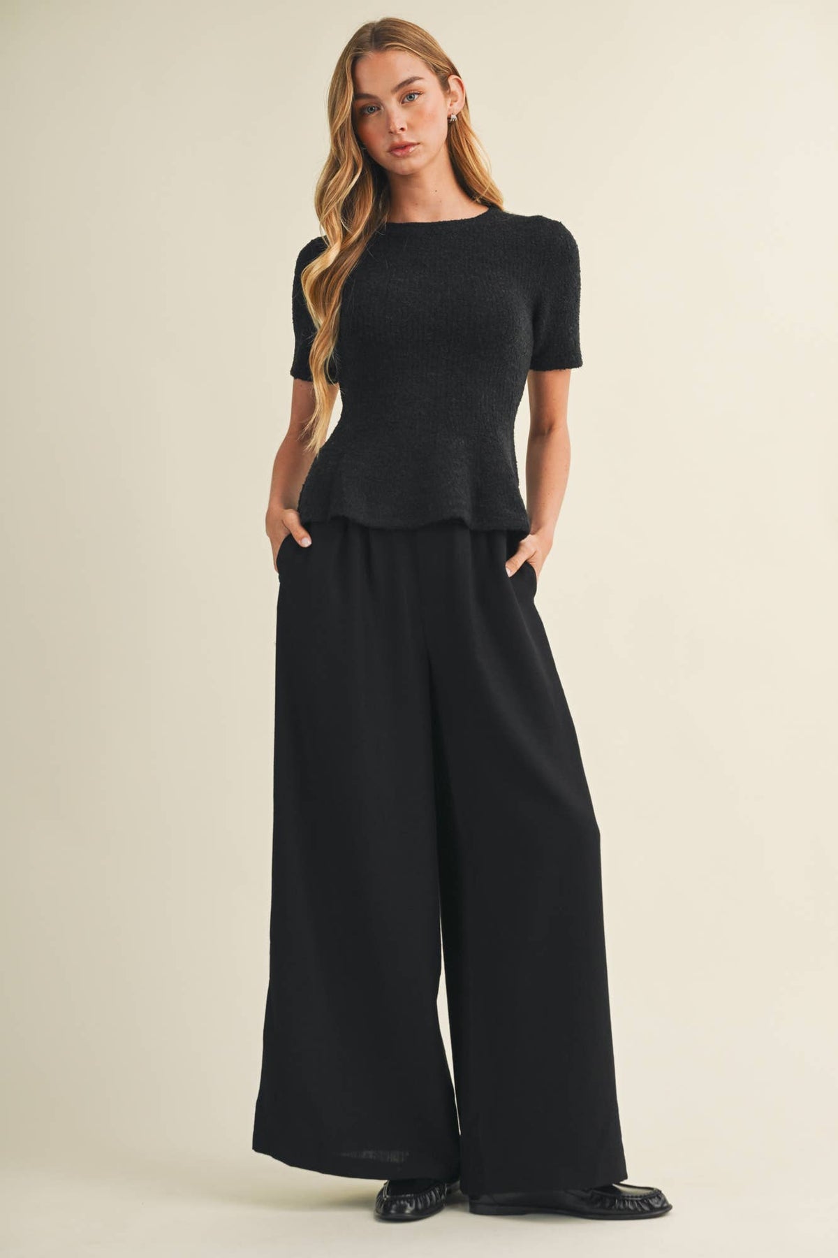 Textural Bouclé Knit Peplum Pullover