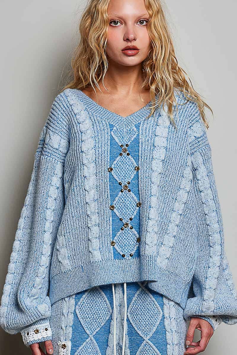 Vintage Lace Patch Stud Balloon Sleeve Sweater Top In Light blue