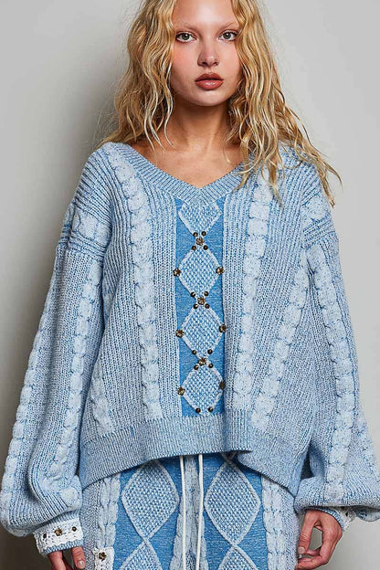 Vintage Lace Patch Stud Balloon Sleeve Sweater Top In Light blue