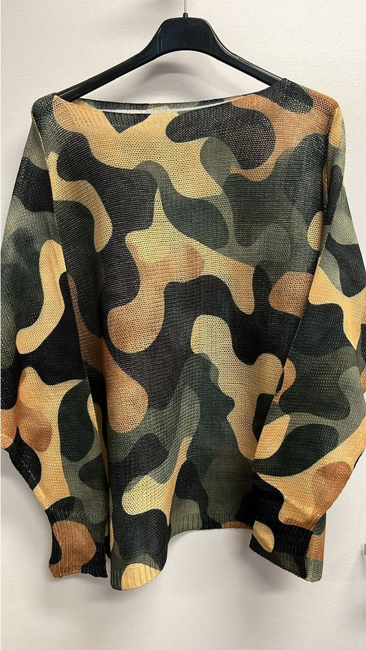 Olive Camo Round Knit Printed Sweater O/S