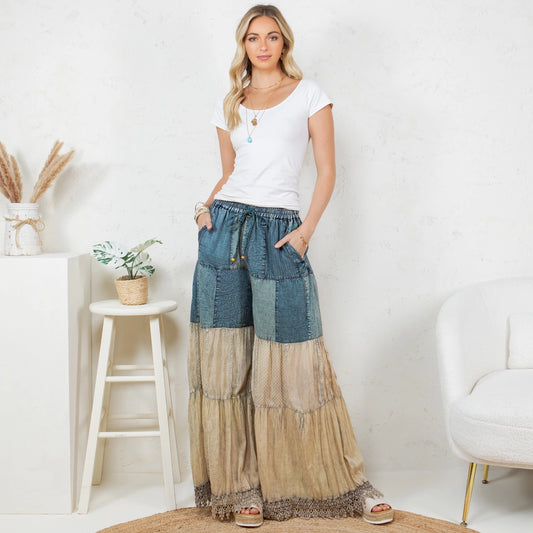 Boho-Inspired Long Denim Pants with Solid Patches