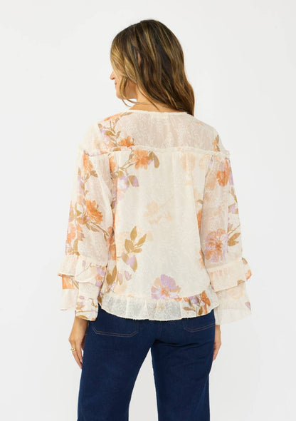 V-Neck Button Front High-Low Hem Ruffle Blouse