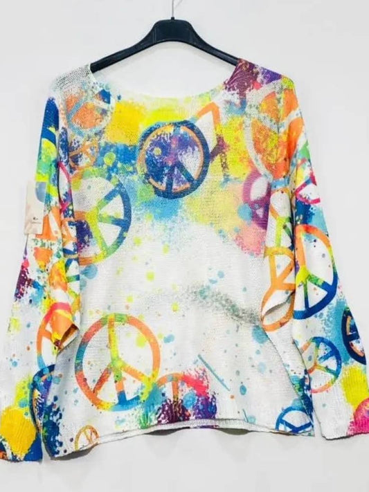 White Peace & Love Knit Printed Sweater