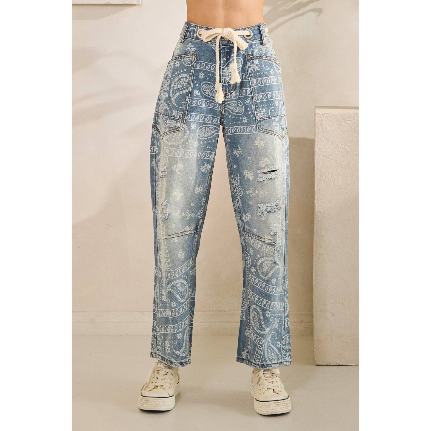 WASHED PAISLEY PATCH PRINT DENIM