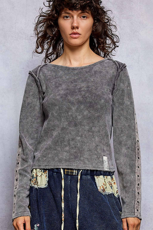 Washed Rib Knit Exposed Seam Snap Button Raw Edge Top