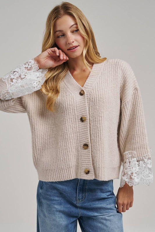 LOOSE FIT SOFT V NECK SWEATER CARDIGAN WITH LACE