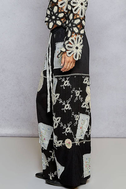 Solid Lace Patch Detail Woven Pants