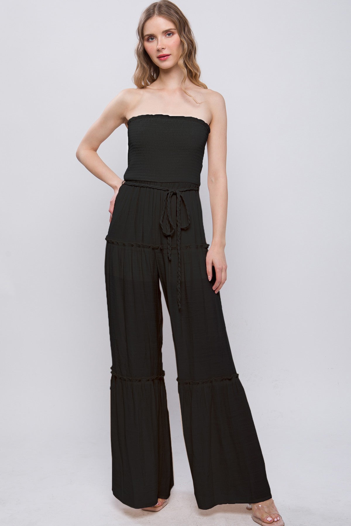 BLACK Sleeveless Smocked Ruffle Jumpsuit