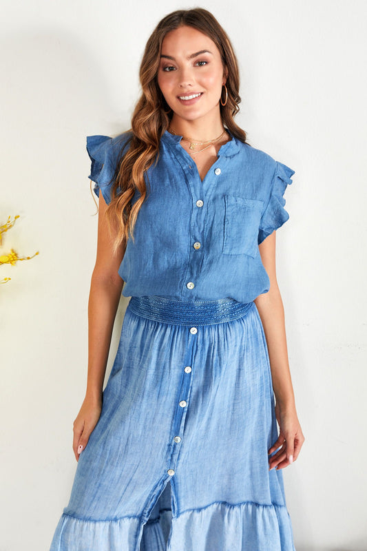 SOLID BAND COLLAR RUFFLE SHORT SLEEVE CHEST POCKET BUTTON DOWN LINEN TOP