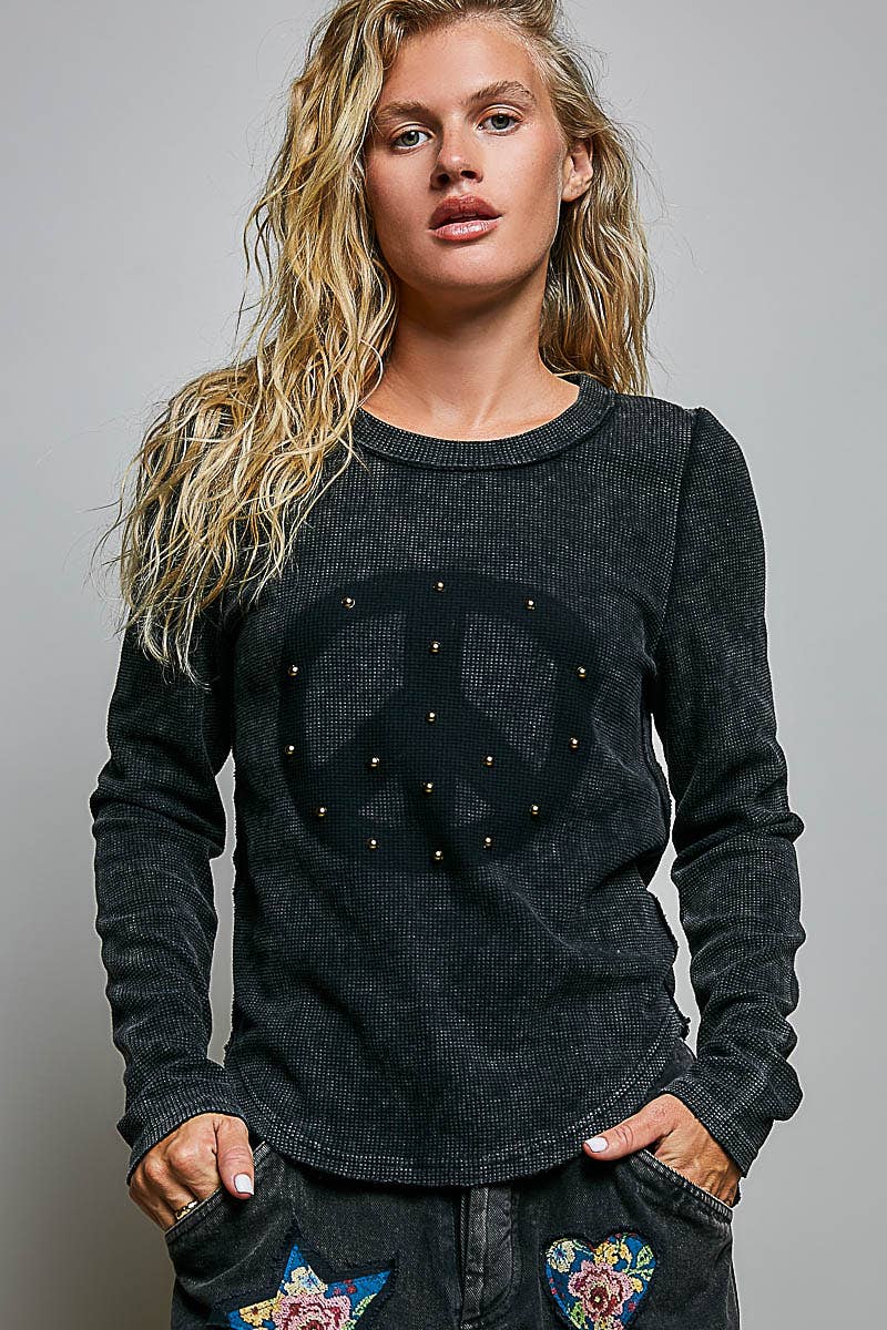Vintage Washing Solid Peace Stud Outseam Thermal Knit Top