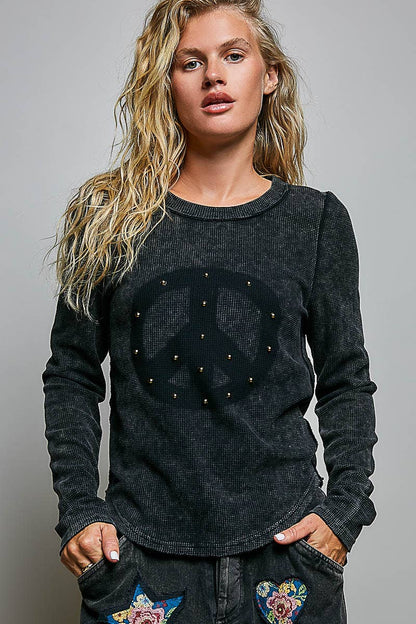 Vintage Washing Solid Peace Stud Outseam Thermal Knit Top