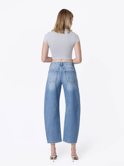 VERVET HIGH RISE PATCHWORK DETAIL BARREL JEANS
