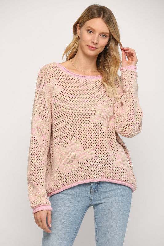 FLORAL PATTERN OPEN KNITTED SWEATER