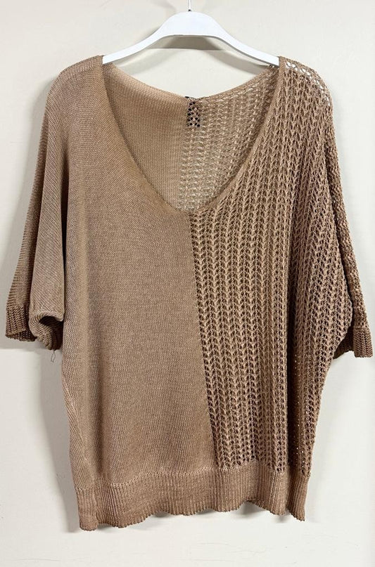 S/S PLAIN KNIT/CROCHET TOP  IN CAMEL