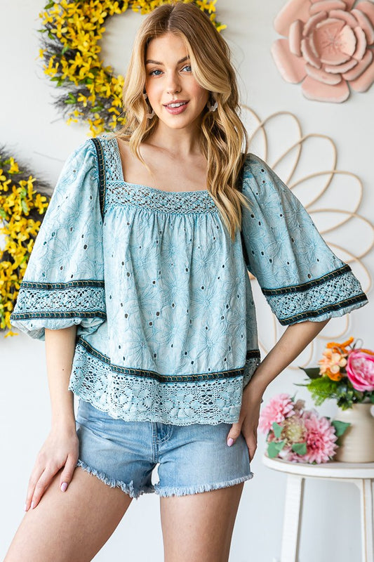 WASHED EYELET LACED BABYDOLL TOP IN BLUE