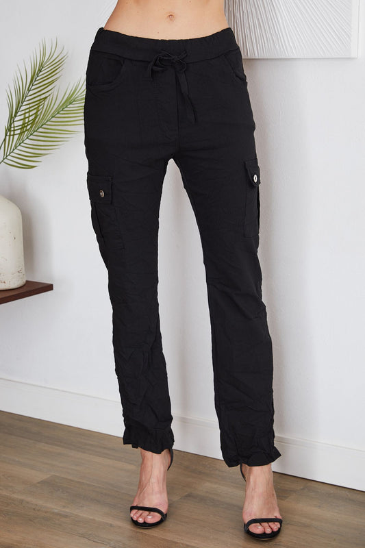 CARGO CRINKLE PANT W/ DRAWSTRING IN BLACK