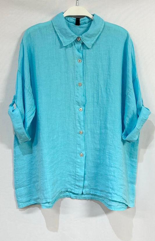 BUTTON DOWN LINEN ROLL UP SLEEVE TOP  IN AQUA AND TURQUOISE