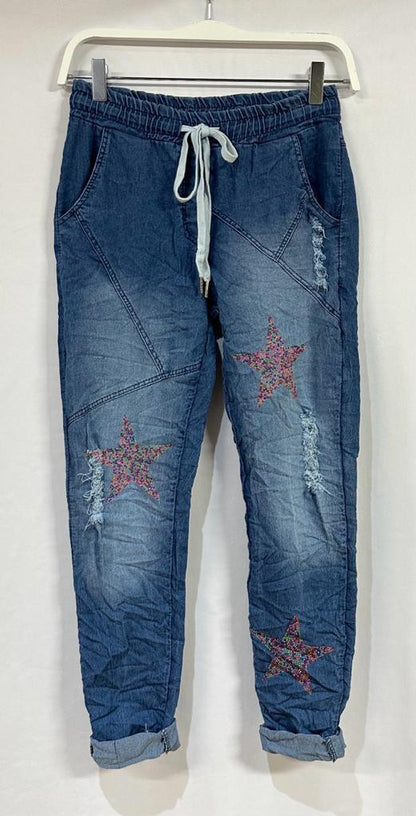 RAINBOW STARS COTTON DENIM CRINKLE JOGGER