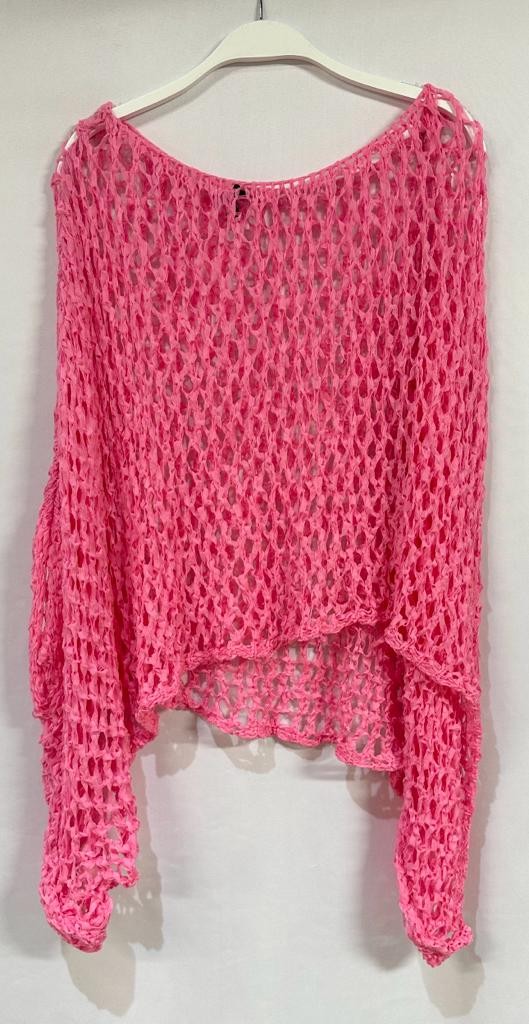 CROCHET DROP SHOULDER PONCHO SWEATER  IN CANDY PINK