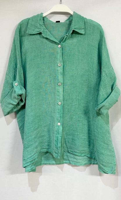 BUTTON DOWN LINEN ROLL UP SLEEVE TOP  IN AQUA AND TURQUOISE