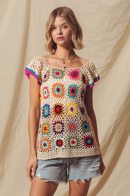 GRANNY SQUARE CROCHET TOP WITH FLUTTER SLEEVES