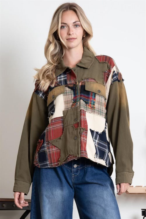 OLIVE PLAID PATCHED JACKET