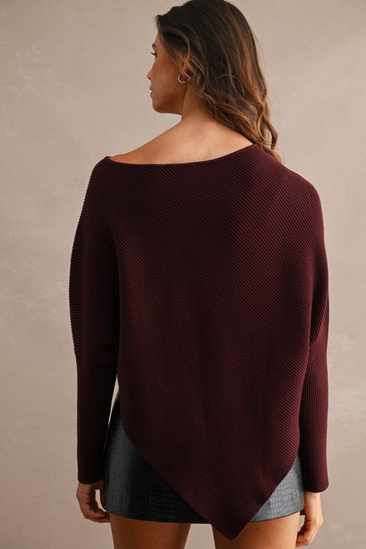 Wine knit, asymmetrical pointed hem sweater