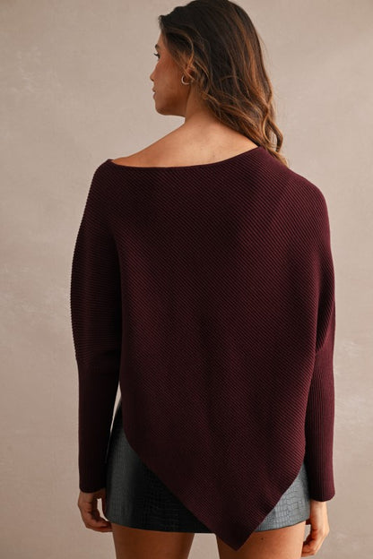 Wine knit, asymmetrical pointed hem sweater
