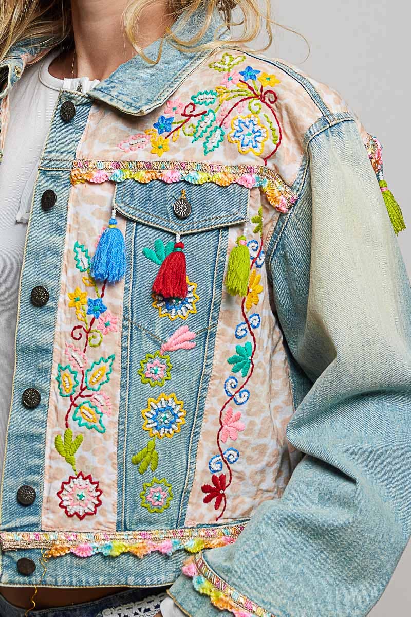 Floral Embroidery Lace Trim Tassel Denim Jacket