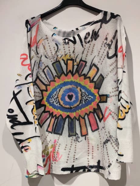 White Evil Eye Round Knit Printed Sweater