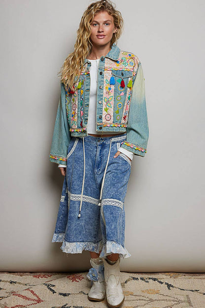 Floral Embroidery Lace Trim Tassel Denim Jacket