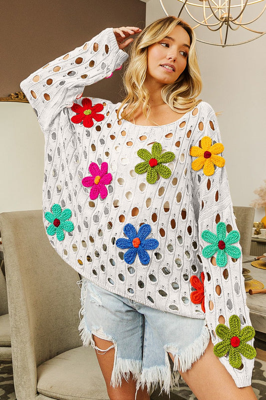 PERFORATED SWEATER WITH FLOWER APPLIQUES in OFF WHITE