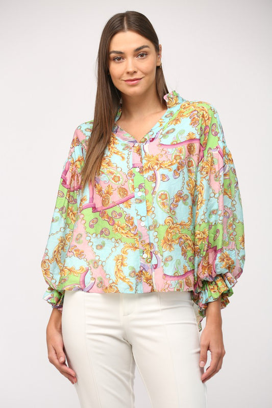 CHAIN PRINT TENCEL BLEND BUBBLE SLV BLOUSE